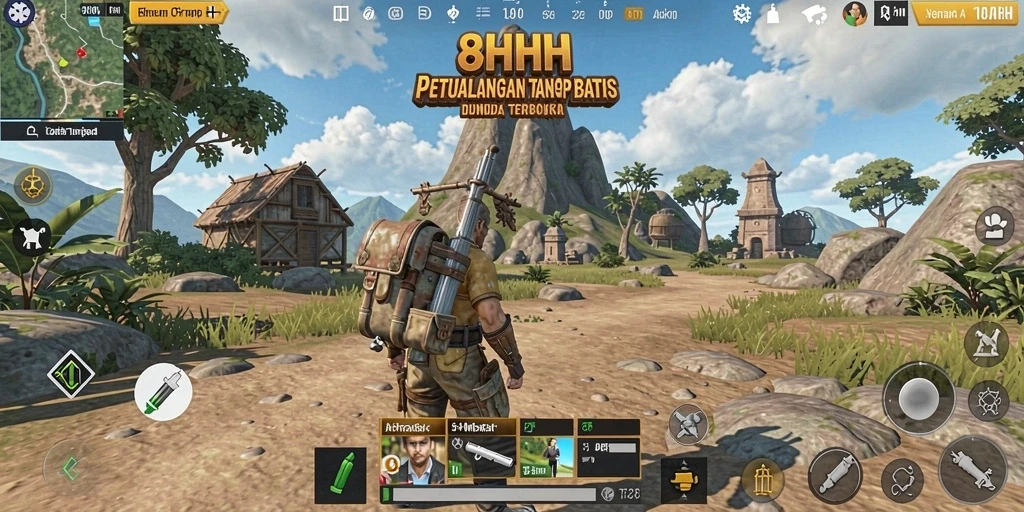 Tampilan gameplay 8HHH dalam dunia terbuka yang luas dan menakjubkan.