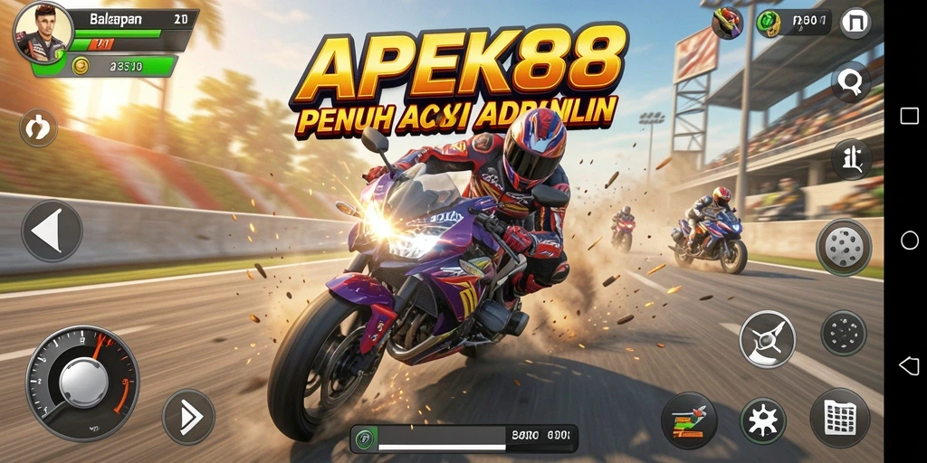 Gameplay seru APEK88 dengan balapan motor cepat dan menegangkan.