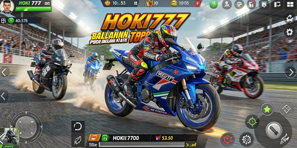 Screenshot utama HOKI777 menampilkan aksi balapan motor yang mendebarkan.