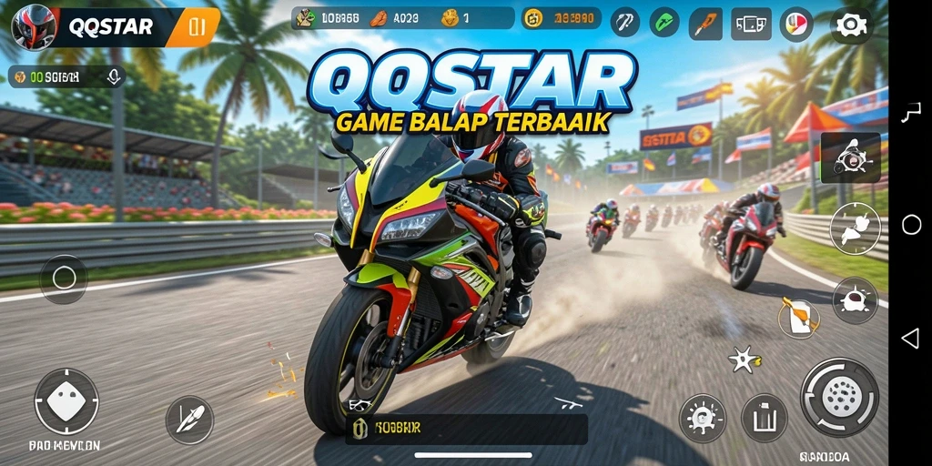 Tampilan gameplay seru dalam QQSTAR saat balapan motor di trek menantang.