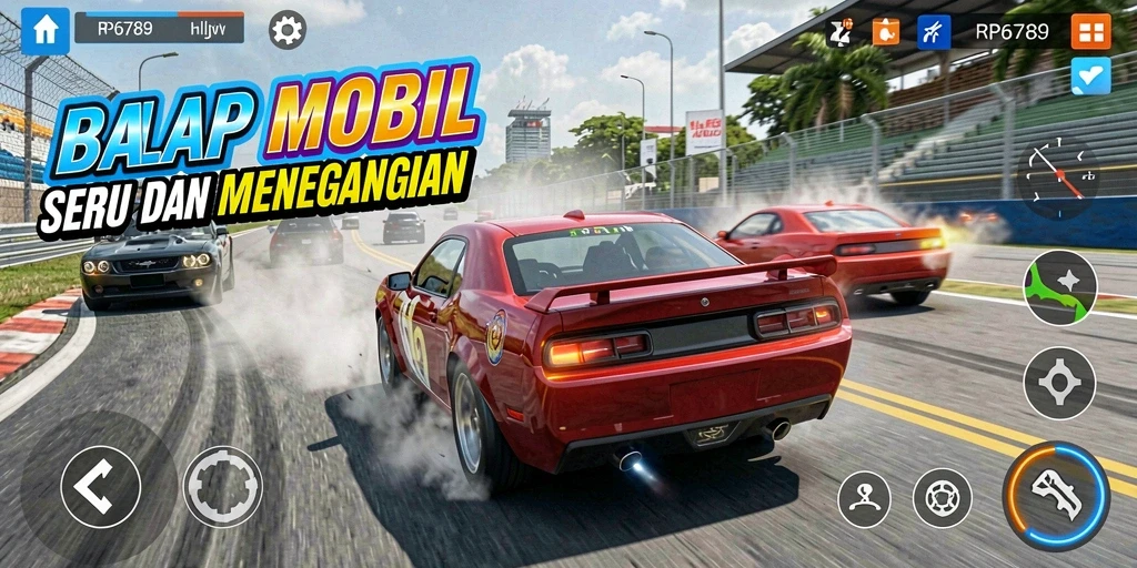 Tangkapan layar RP6789 menampilkan aksi balapan menegangkan dengan mobil cepat.