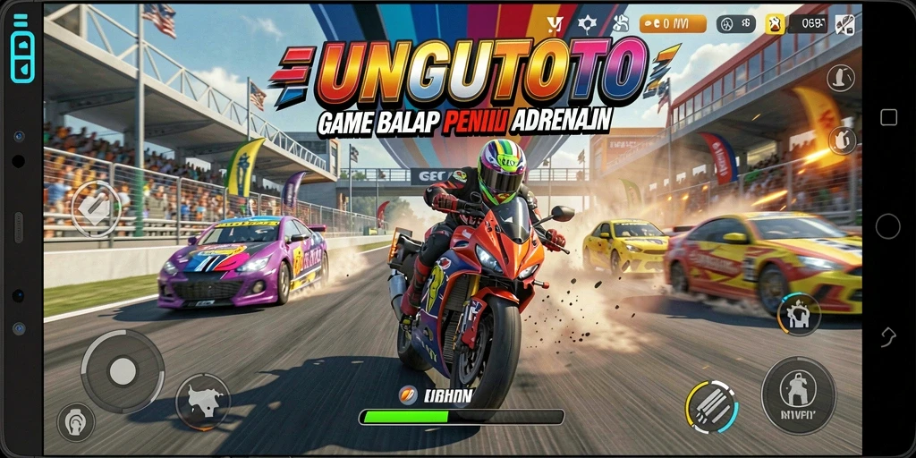 Tangkapan layar gameplay UNGUTOTO menampilkan aksi balapan yang mendebarkan.